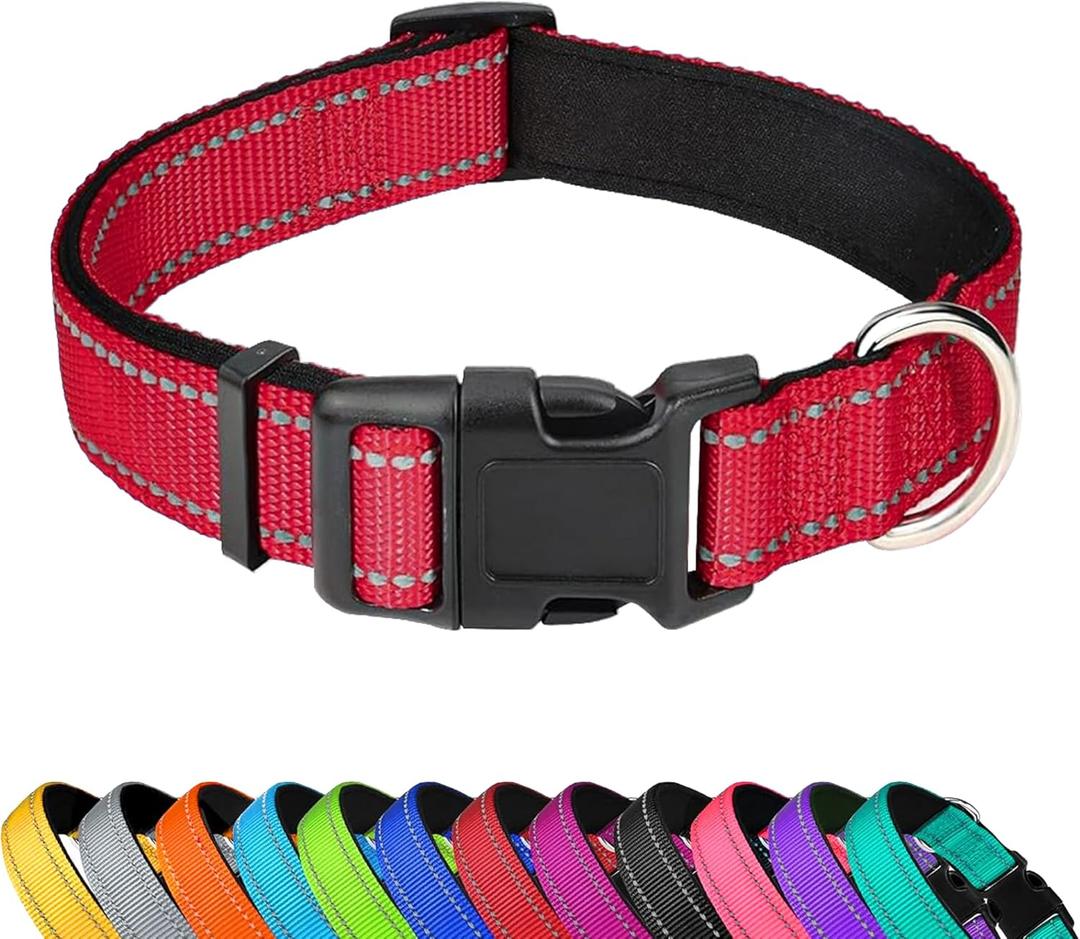 Reflective Dog Collar, Adjustable Soft Neoprene Padded Nylon Pet Collars with Buckle for Medium Dogs,M, Red
