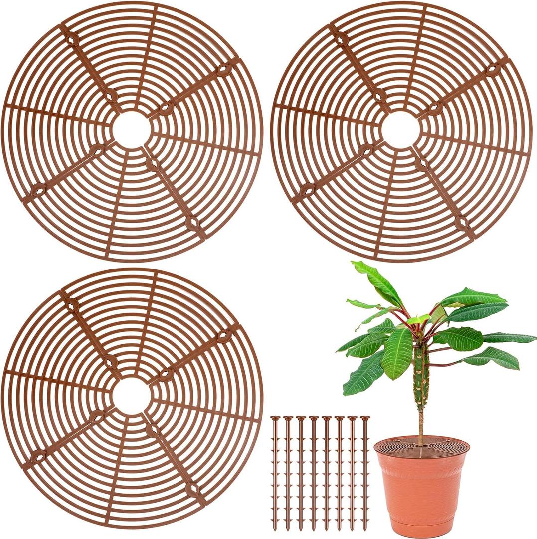 Sawysine 3 Pcs Plant Pot Cover Plant Protector from Animal Flower Pot Grid with Center Cutout Flower Cover Soil Protectors(Coffee,11.8 in)
