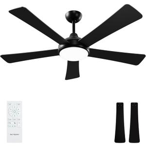 52 Inch Ceiling Fans with Lights and Remote - Black Ceiling Fan with Light, Quiet Reversible DC Motor, Dimmable Tri-Color LED, 5 Blades, Modern Indoor/Outdoor Ceiling Fans for Patios Bedroom