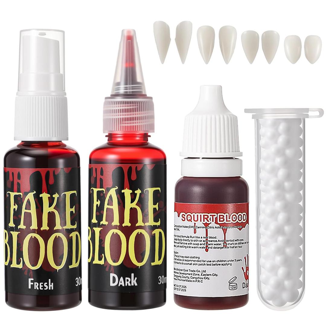 Pickmesh 8 Pcs Halloween Vampire Fangs and Fake Blood Makeup Kit 4 Pairs Vampire Fangs Teeth Adhesives Beads Fake Blood Costume Accessory for Adult Realistic Halloween Props SFX Cosplay Dress Up