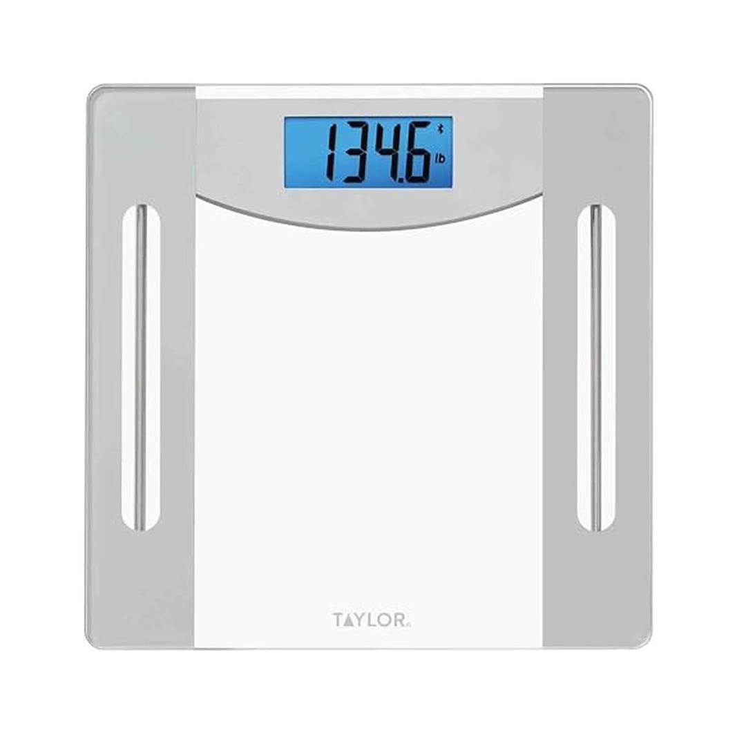 Taylor Weight Tracking Smart Scale for Body Weight with Bluetooth Sync, 400 lb Capacity, HSA/FSA Eligible, Glass & Metallic Silver Platform, Blue Backlit Display, Syncs with WeighSync App, Clear