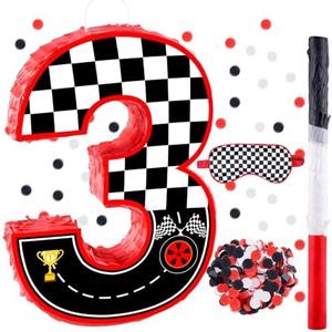16 Inch Number 3 Race Car Pinata with 16 Inch Piñata Stick Blindfold Confetti for Boy Girl Kids 3rd Birthday Party Decorations(3rd)
