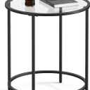 VASAGLE Round Side Table, Glass End Table with Metal Frame, Black Coffee Table with Modern Style, for Living Room, Balcony, Bedroom, Black, 19.7 x 19.7 x 21.6 Inches