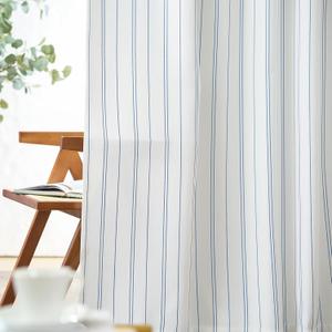 Jinchan White Curtains Blue Striped Curtains 96 Inch Length for Living Room Bedroom Window Treatment Modern Linen Look Ticking Stripe Pinstripe Privacy Light Filtering Back Tab Rod Pocket 2 Panels