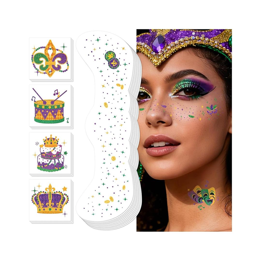 EMOME Mardi Gras Decorations, Mardi Gras Freckles Face Tattoos with Body Glitter Temporary Tattoo Stickers, Mardi Gras Costume Outfit Makeup Accessories Carnival for Women, Girls, Party Favors