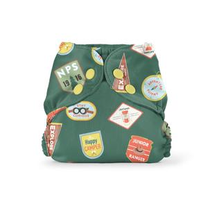 Esembly Cloth Diaper Cover - Reusable Swim Diaper, Waterproof, Breathable - Adjustable Outer Layer Over Absorbent Inner for Blowout Protection - Adventure Badges, Size 2 (18-35lbs)