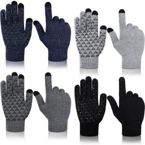SATINIOR 4 Pairs Winter Warm Gloves Knit Touchscreen Anti Slip Silicone Mittens with Gripper Dots for Women Men Cold Weather (Hemp Black, Deep Hemp Grey, Light Hemp Grey and Navy Blue)