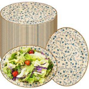 50PCS Oval Disposable Paper Plates, 9" x 10.5" Everyday Disposable Plates, Floral Dinner Plate Microwave-Safe, Soak-Proof, Biodegradable Eco-Friendly Paper Platters For Daily Use & Party