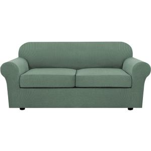 H.VERSAILTEX 3 Piece Stretch Sofa Covers for 2 Cushion Sofa Couch Covers for Living Room Sofa Slipcovers (Base Cover Plus 2 Seat Cushion Covers) Thicker Jacquard Fabric(Large Sofa, Loden Frost) (Medium-XL)