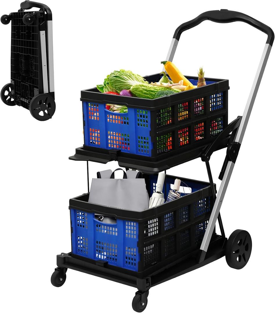 Collapsible Shopping Cart with 2 Bins Grocery Cart on Wheels Multi Use Two Tier Folding Cart for Farmers Market,Kitchen,Grocery Shop