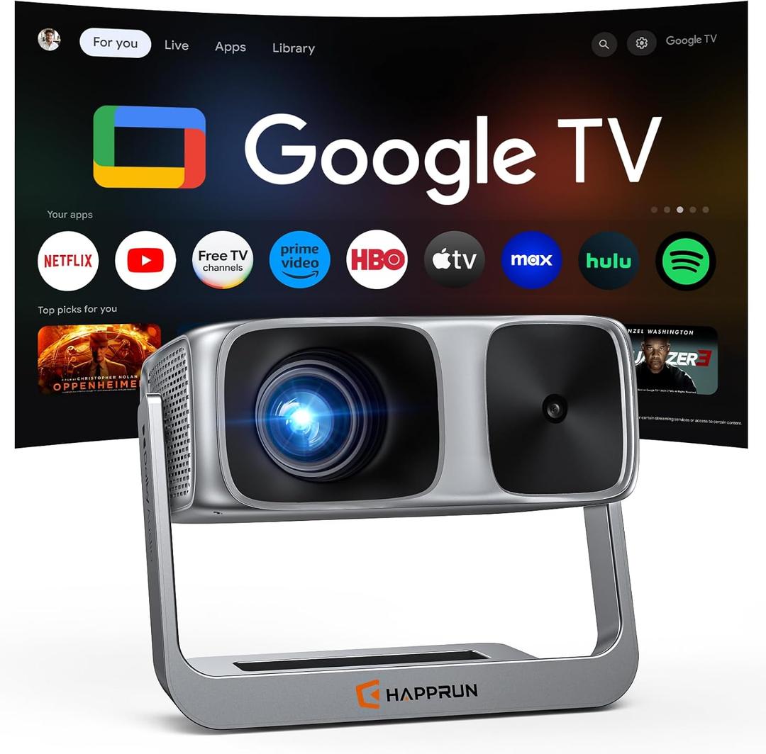2000 ANSI Official Licensed Google TV Outdoor Projector 4K Decoding, Smart Projector with Wifi and Bluetooth, Auto Focus, Dolby Sound, Built-in Apps, HAPPRUN Indoor Home Theater with 270 Stand