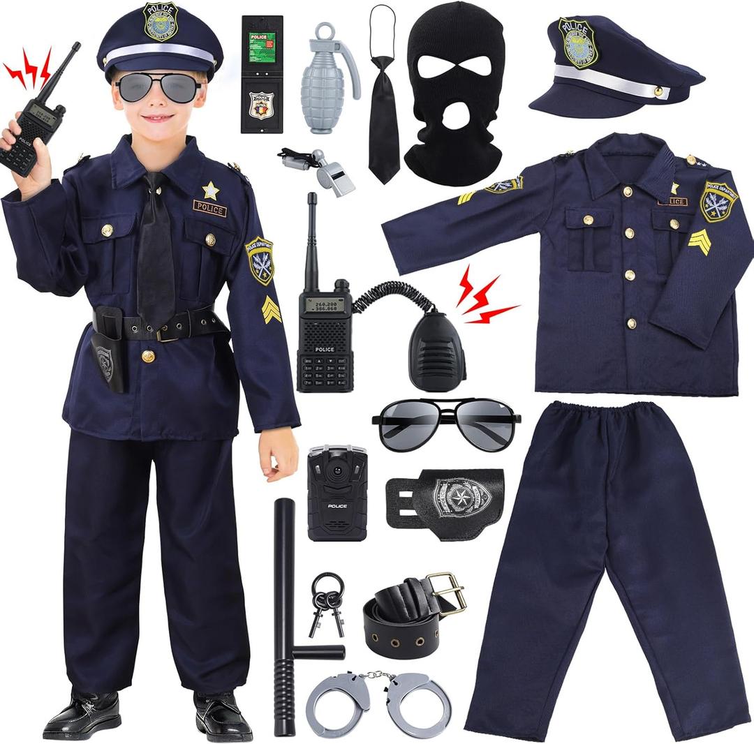 Skirfy 16PCS Police Costume for Kids,Police Officer Costume for Kids,Kids Cop Costume Role Kit, Kids Halloween Costume (Medium (45.2-49.2in,Age 6Y-7Y))