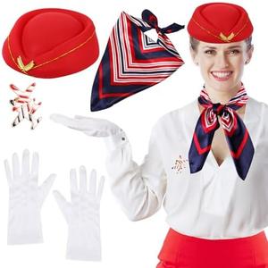 XEPST 2PCS Flight Attendant Costume for Women - Flight Attendant Hat Scarf Gloves Brooch for Women Halloween Costumes Cosplay