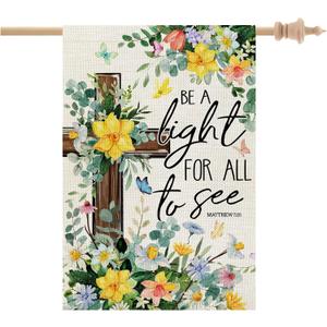 CROWNED BEAUTY Spring House Flag Floral Cross Double Sided 28x40 Inches Large Burlap Welcome Holiday Seasonal Yard Decoration for Outside Porch