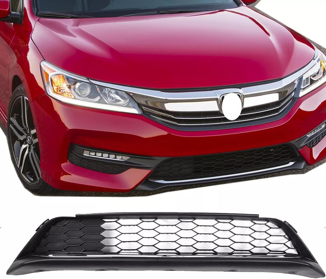 Front Bumper Lower Mesh Grille Grill W/Chrome Trim Fit For 2016 2017 Honda Accord 4 Door, Lower Grill Replace For HO1036126