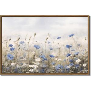 Vintage Floral Wall Art Blue White Flower Canvas Art Prints Wildflower Pictures Wall Decor Nature Landscape Oil Painting Framed Botanical Artwork for Girls Room Bedroom Farmhouse Decoration, 24''x36''