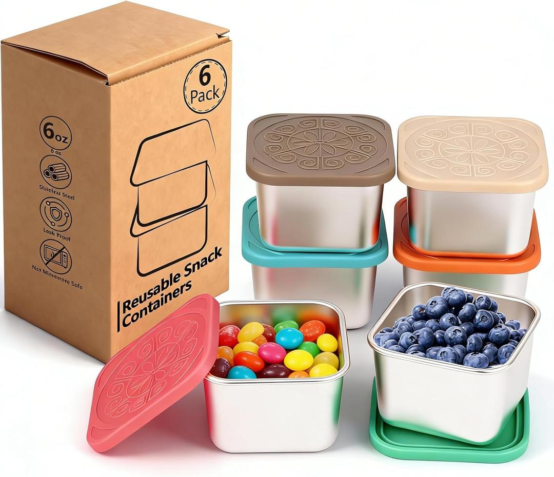 6 Pack Stainless Steel Snack Containers - 6oz Reusable & Small Containers With Lids, 304 Metal Stackable Snack Cups, Lunchable Snack Containers for School, Travel, Picnic