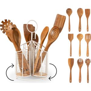 Rotating Utensil Holder with 3 Compartments & Cork Bottom  Premium Matte White Metal + 9-Piece Acacia Wood Kitchen Utensil Set  Countertop Organizer for Cooking Tools, Housewarming & Holiday Gifts