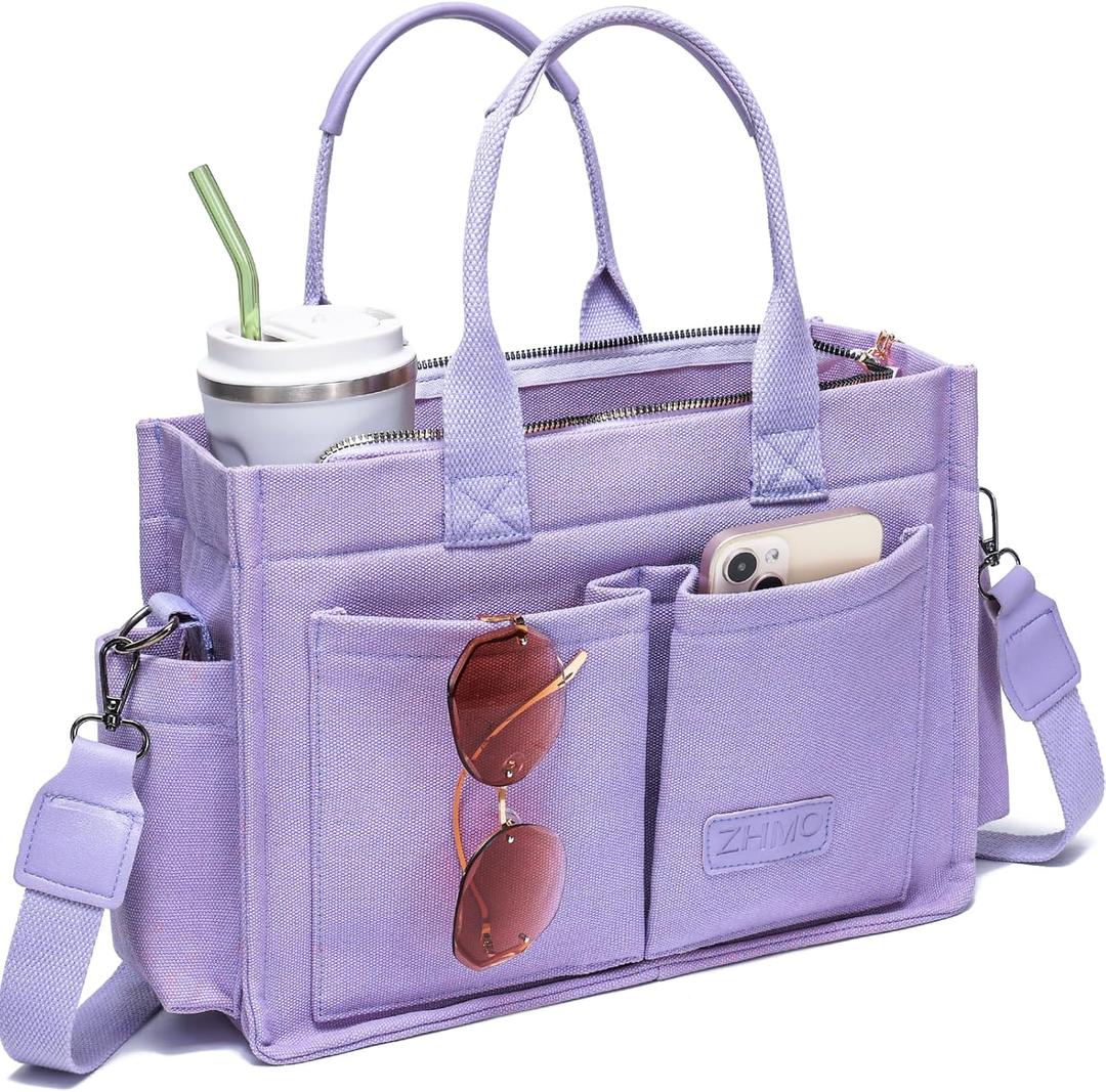 Canvas Tote Bag for Women,Women's Bags Crossbody Bags Work Laptop Tote Bag Large Handbags Purse for Travel Nurse Teacher (New Upgrade Plus Purple With Compartments and Inner Cup Holders)