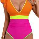 Aidonger Women's One Piece Ruffle Swimsuit Tummy Control Bathing Suit V Neck Shell Stitched Swim Suit Slimming Swimwear  L