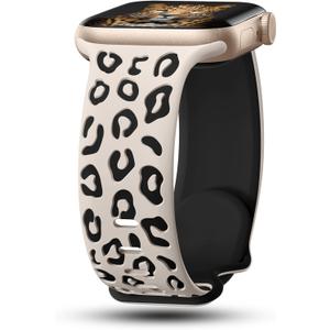 CreateGreat Engraved Leopard Bands Compatible with Apple Watch Band 40mm 41mm 38mm 42mm 44mm 45mm 46mm 49mm Women, Silicone Cheetah Designer Strap for iWatch Series 10 9 8 7 6 5 4 3 2 SE Ultra (Starlight & Black)