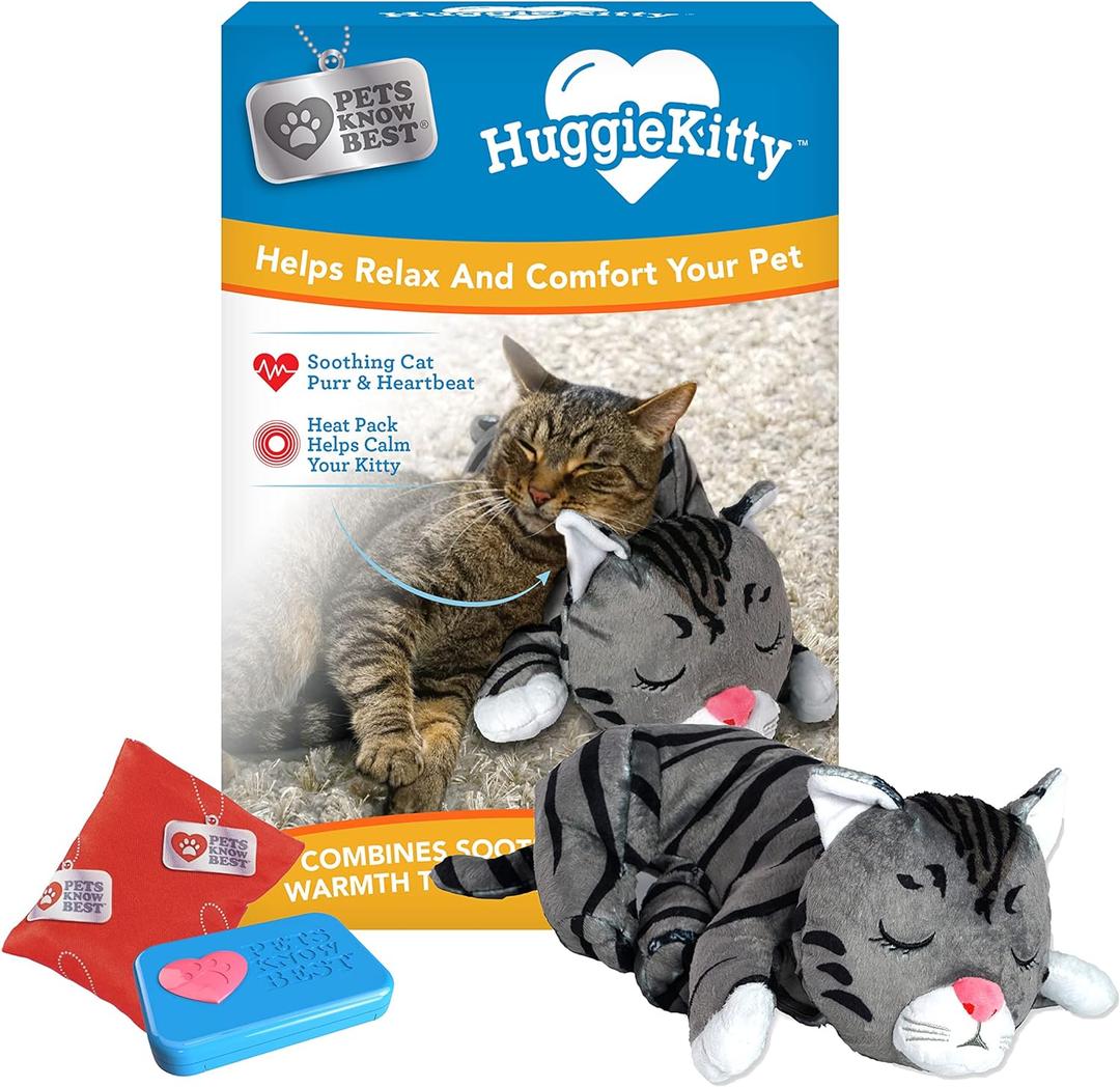 Pets Know Best HuggieKitty Cuddly Cat Toy, Soothing Sound & Warmth Help Relax & Comfort Your Pet- Purr & Heartbeat, Heating Pack- Grey