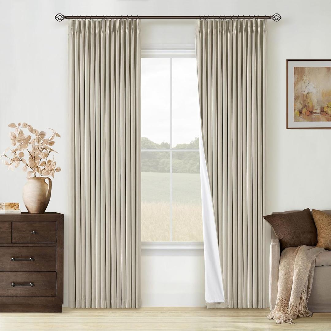 Beige Pinch Pleated 100% Blackout Linen Curtains for Bedroom 84 Inch Length Room Darkening with Liner Oatmeal Neutral Window Curtains 84 Inches Long for Living Room Black Out Pleat Drapes Back Tab