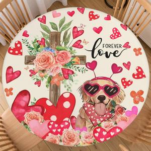 Valentines Day Cute Dog Round Tablecloth Fitted Best for 40"-44" Pink Floral Table Cloth Elastic Edge Water-Resistant Washable Love Heart Decoration Table Cover for Party Picnic Indoor Decor