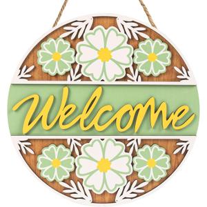 3D Spring Welcome Sign for Front Door, 11.8" Wooden Spring Floral Door Hanger, Outdoor Indoor Flower Wreath Wall Hanging House Decor, Green Yellow March Seasonal Front Porch Home Decorations