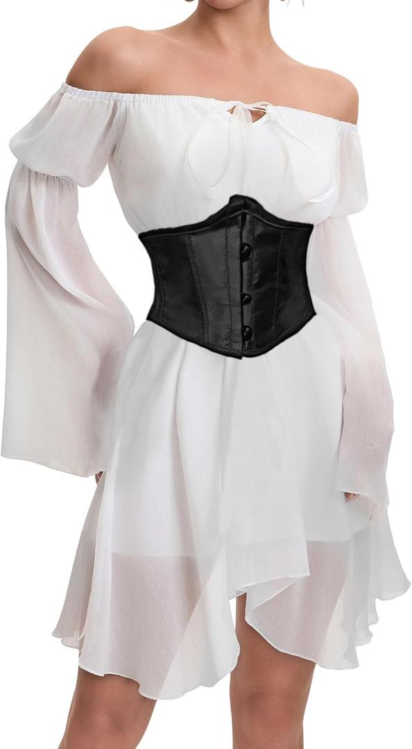 Womens Two Piece Corset Dress Off Shoulder Bell Sleeve Party Vintage Cottagecore Fairy Dresses (Small, 03-off White+black Set)