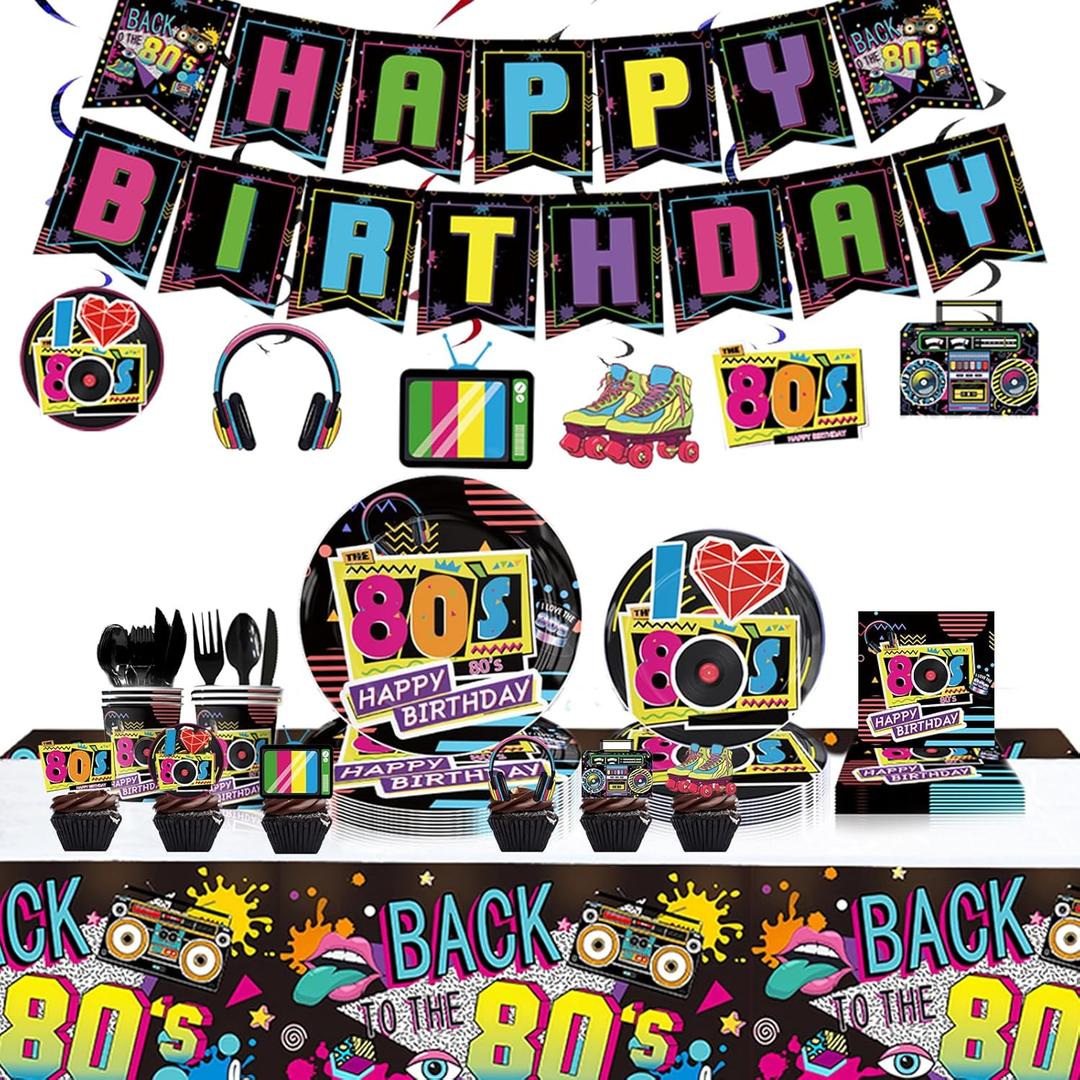 80s Birthday Decorations Party Supplies, 80's Themed Party Tableware 172pcs Serves 20 - Plates, Napkins, Cups, Cutlery, Tablecloth, Banner, Hanging Swirls, Cupcake Toppers for 80s Hip Pop Party