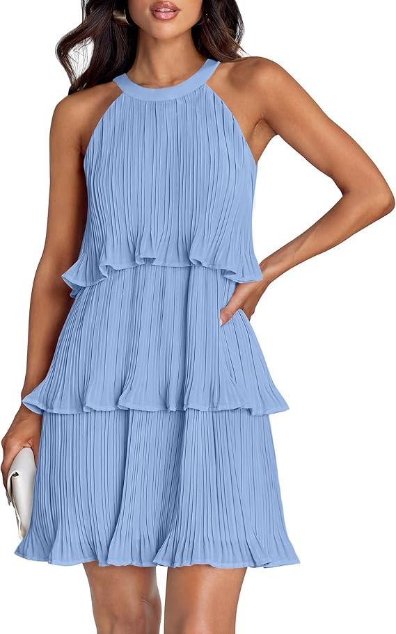 ZESICA Women's Summer Dresses 2026 Beach Casual Deep V Neck Loose Sundress Short Sleeve Mini Dress with Pockets Western Dress for Women Blue, X Large