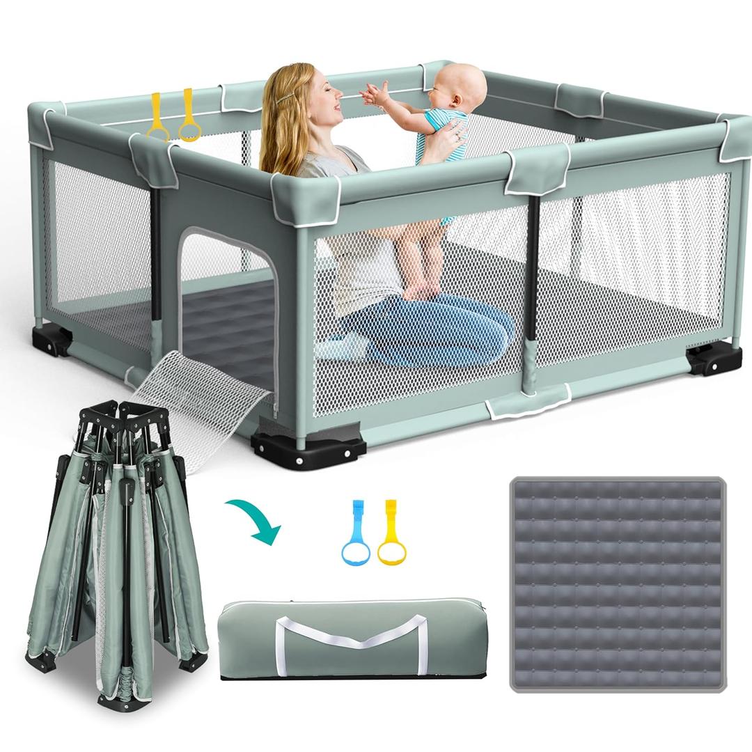 ICAREWAY Foldable Playpen for Babies and Toddlers, 71"x59" Inches Portable Playpen with Mat, Kids Collapsible Play Pen with 2 Handlers, Indoor & Outdoor Baby Play Area with Visible Mesh (Light Green)