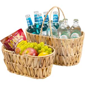 Picnic Basket for 2 Pack, Natural Nesting Wicker Picnic Basket with Handle, Hand-Woven Water Hyacinth Storage Basket for Camping & Outdoor Use