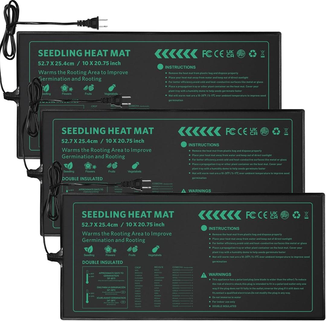Seedling Heat Mat 3 Pack Durable Waterproof Plant Heating Pad 10"x 20.75" for Germination, Indoor Gardening, Greenhouse