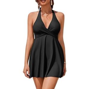 AI'MAGE One Piece Swim Dress 2025 Tummy Control Swimsuits for Women Cutout Halter Swimwear Modest Bathing Suits, Black, XL