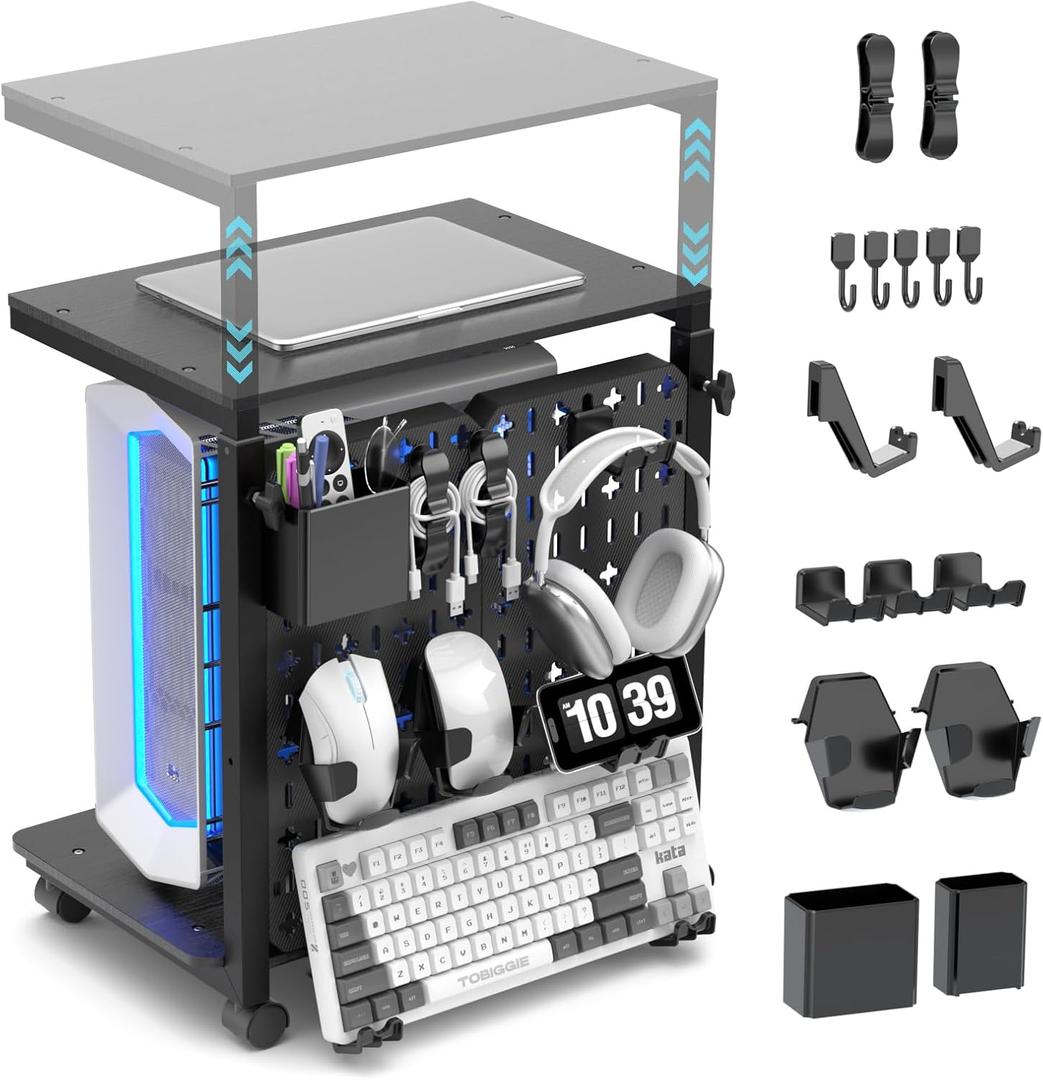 Computer Tower Stand with Pegboard Organizer, Height Adjustable 2-Tier PC Tower Shelf for Floor with Accessories, CPU Holder Cart with Locking Wheels for Most PC Gaming Home Office, 24.2-29.5"