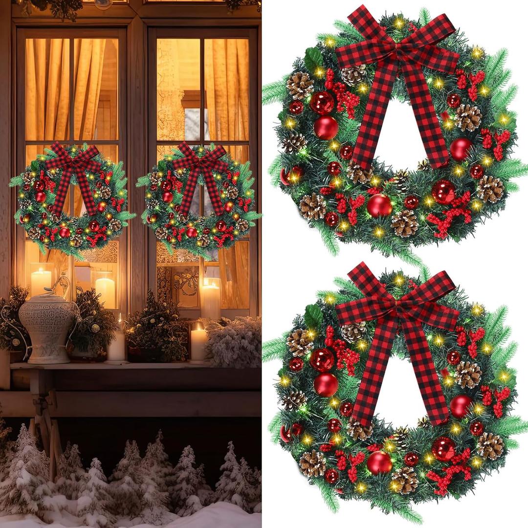 2 Pcs 20 Inch Pre Lit Christmas Wreath for Front Door Norfolk Artificial Xmas Wreath with Lights Bow for Christmas Party Outdoor Decor(Plaid Bow)