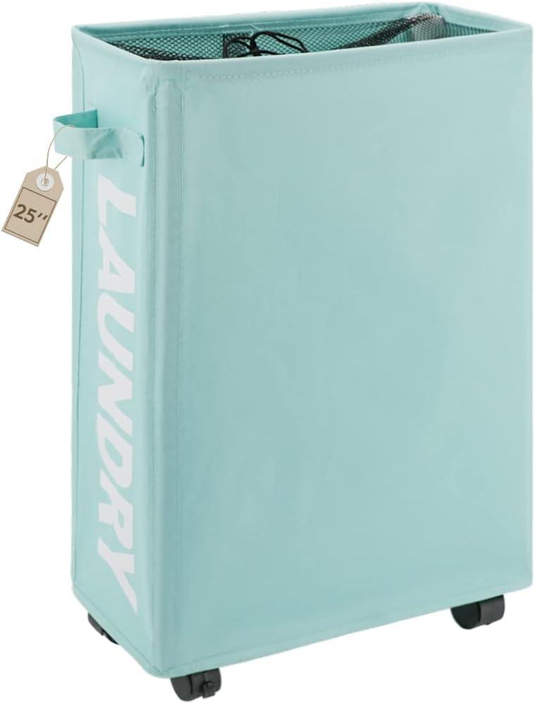 TOTANKI 25" Rolling Slim Laundry Basket on Wheels, Foldable Laundry Hamper with Handle, Collapsible Laundry Sorter and Organizer, Tall Storage Basket Bin (Light Blue)