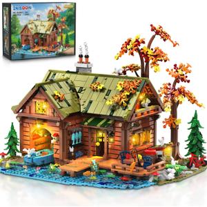 INSOON Overwater Cabin Mini Building Set with Light, 2423 PCS Wooden Forest House Building Block Toy with Boat Bike Animals, Home Decor Treehouse Construction Model Kit for Adults Teens Boys Girls 12+