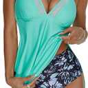 RXRXCOCO Mesh Halter Tankini Swimsuits for Women Tummy Control Swimsuit Asymmetrical Flowy High Waisted Bathing Suits (S)