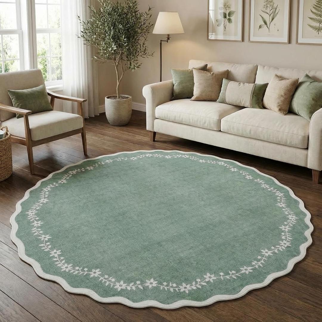 GarveeHome Round Area Rugs 6ft for Bedroom, Sage Green Washable Circle Rug Soft Non Slip Floral Print Floor Mat Leaves Carpet Indoor Thin Rug for Living Room Dining Room Playroom Nursery