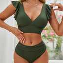 Sexy Bikini Sets for Women V Neck Ruffle Swimsuit 2 Piece High Waist Bathing Suit (Green)