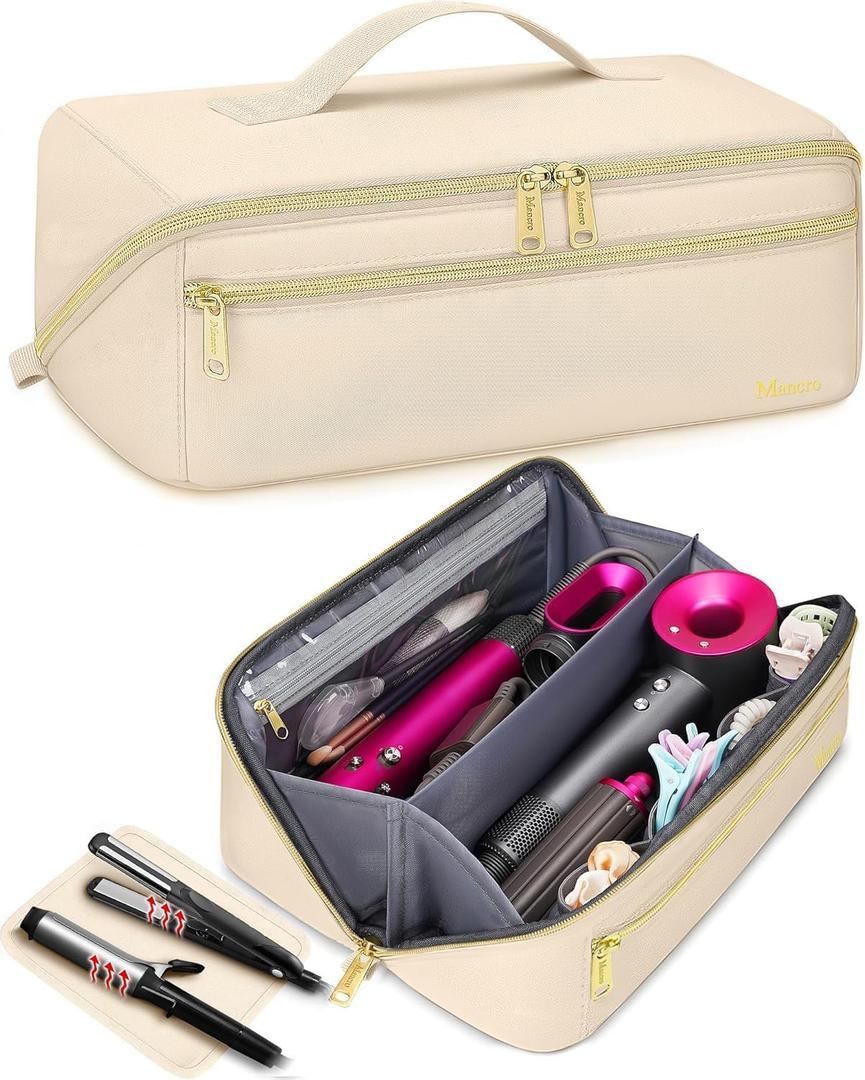 Mancro Hot Hair Tools Travel Bag with Separate Heat Resistant Mat, Large Capacity Wide-open Pouch, Hair Accessories Organizer for Flat Irons, Straighteners, Curling Iron,Travel Essentials for Women (Standard, Beige)