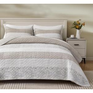 Chezmoi Collection Robyn 3-Piece Neutral Taupe Gray White Floral Hibiscus Flower Patchwork Striped Quilt Set - Pre-Washed Cotton Coverlet - Lightweight Reversible Bedspread, Queen Size