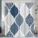 Long Navy Blue and Grey Shower Curtain 72Wx78H Inches Modern Bohemian Geometric Paisley Abstract Minimalist Simple Retro Fashion Groovy Fabric Waterproof Polyester with 12 Pack Hooks Plastic