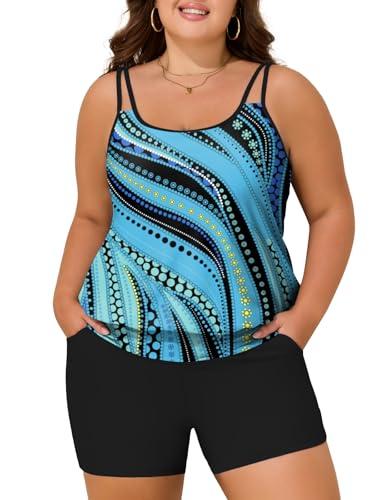Summer Mae Blouson Plus Size Women's Tankini Swimsuits Tummy Control Modest 2025 Two Piece with Sporty Pockets Bathing Suits Blue Pearl 18 Plus Size 18W