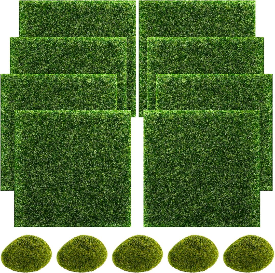 SNAIL GARDEN Fairy Artificial Grass, 8Pack Life-Like Garden Lawn with 5Pcs Artificial Moss Rocks-Miniature Ornament Garden Fairy Accessories for Dollhouse DIY Decoration, (6 x 6 Inch)