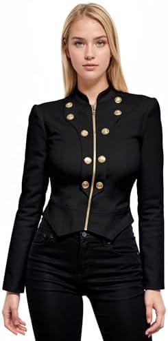 Hybrid & Company Women's Fashion Military Crop Premium Ultra Stretch Gold/Sliver Millennium Zipper Up Dressy Blazer Jacket 2XL