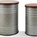 Glitzhome Rustic End Table Set of 2, Farmhouse Galvanized Metal Barrel Ottoman Storage Stool with Round Wood Lid for Living Room Furniture, Grey, Large and Small